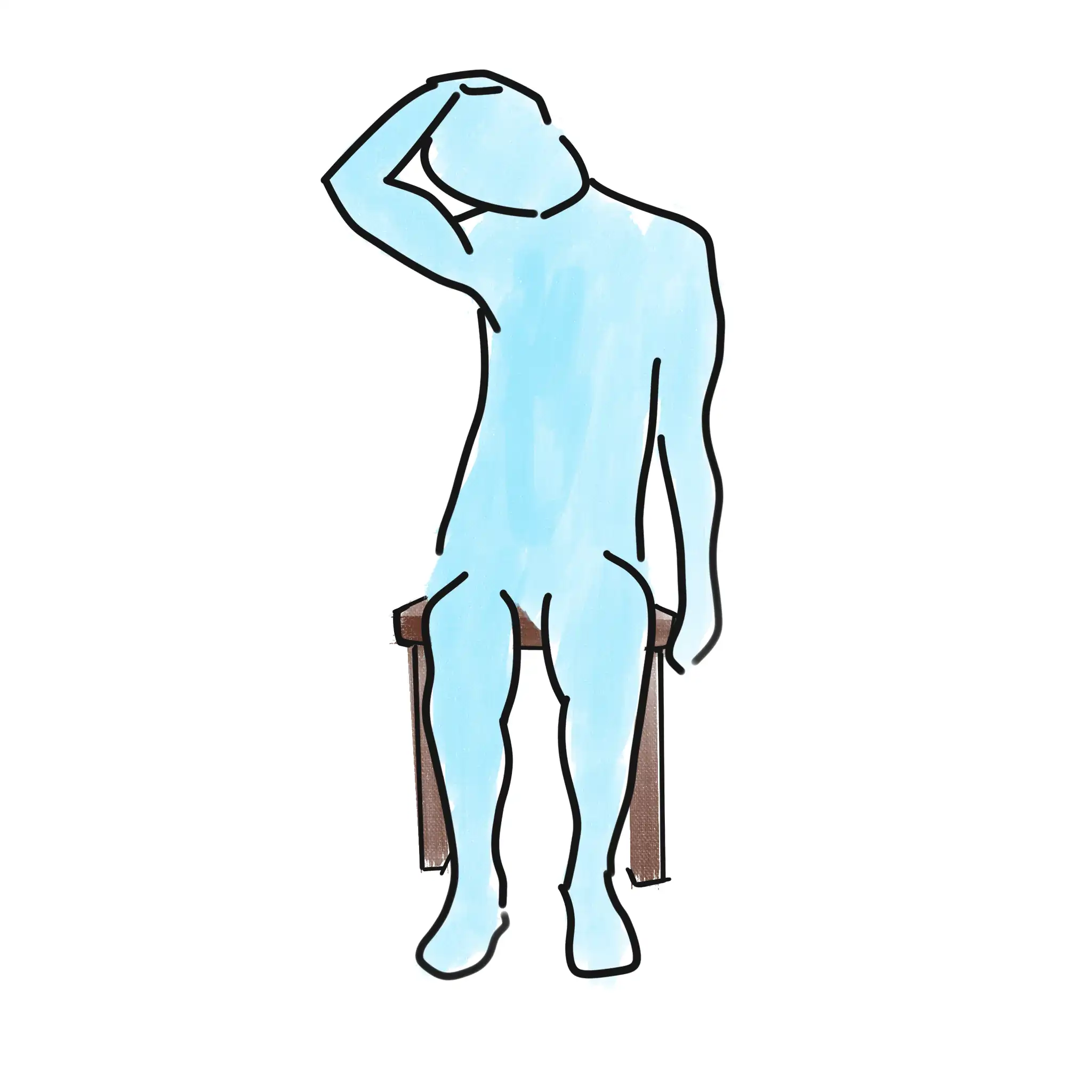 A sketch showing the assisted neck stretch yoga position.